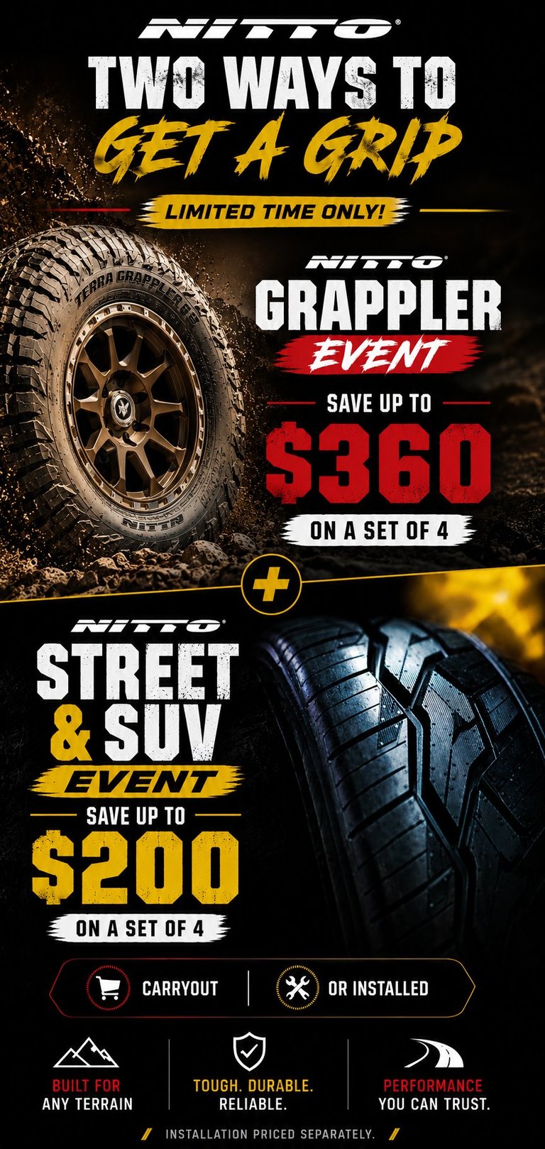 Nitto tire promotional poster advertising limited-time Grappler Event with up to $360 savings and Street & SUV Event with up to $200 savings on tire sets.
