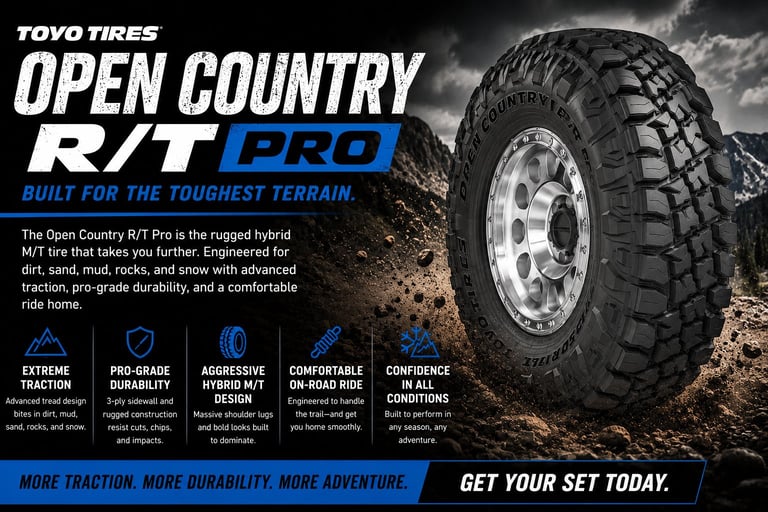 Toyo Tires Open Country R/T Pro tire advertisement showcasing rugged hybrid M/T tire on rocky terrain with product features listed below