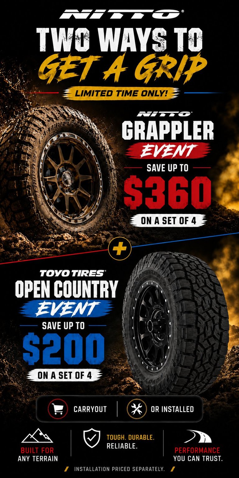 Promotional poster for Nitto tire limited-time events offering discounts on Grappler and Open Country tires with free installation options